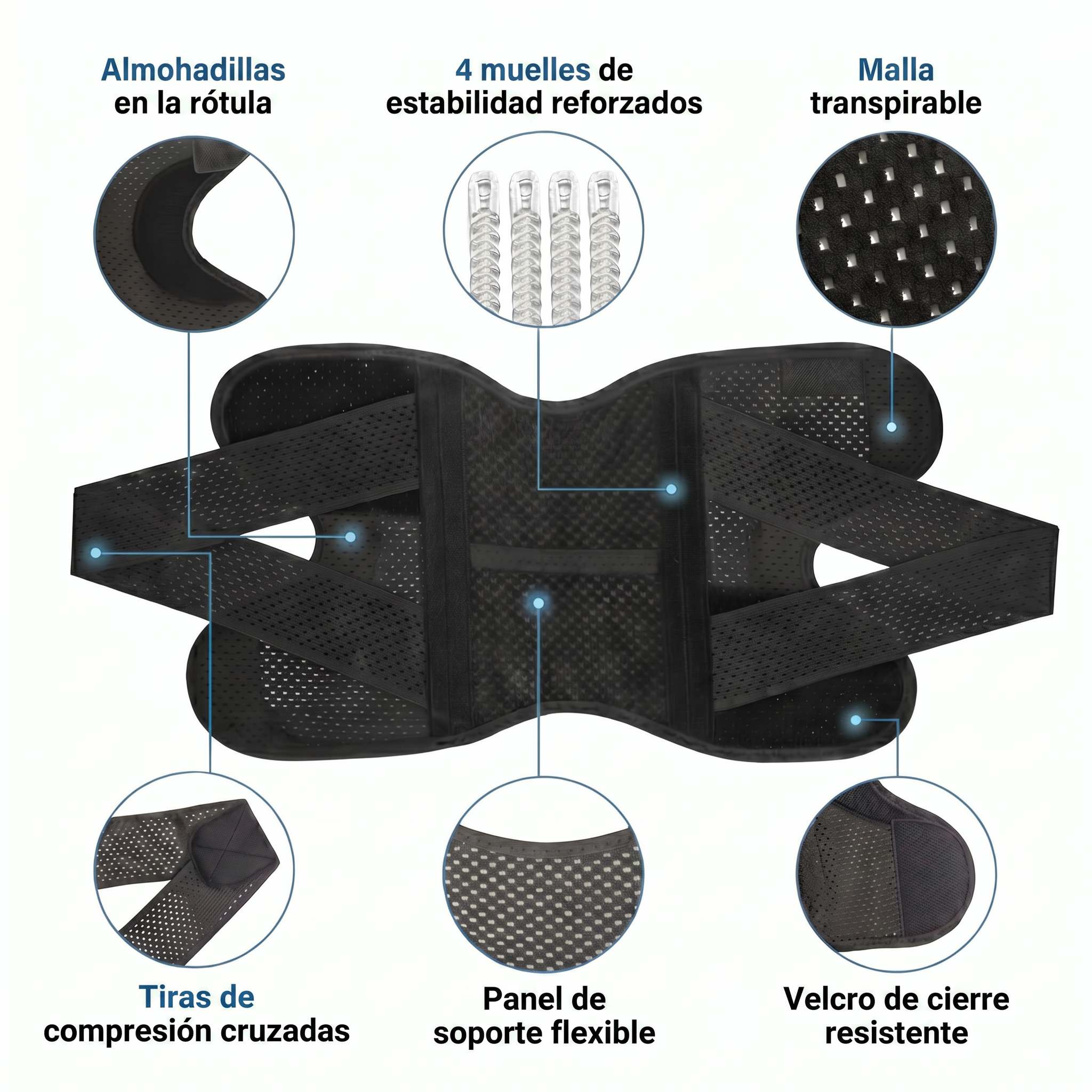 Características: almohadillas en la rótula, 4 muelles de estabilidad reforzados, malla transpirable, tiras de compresión cruzadas, panel de soporte flexible, velcro de cierre resistente